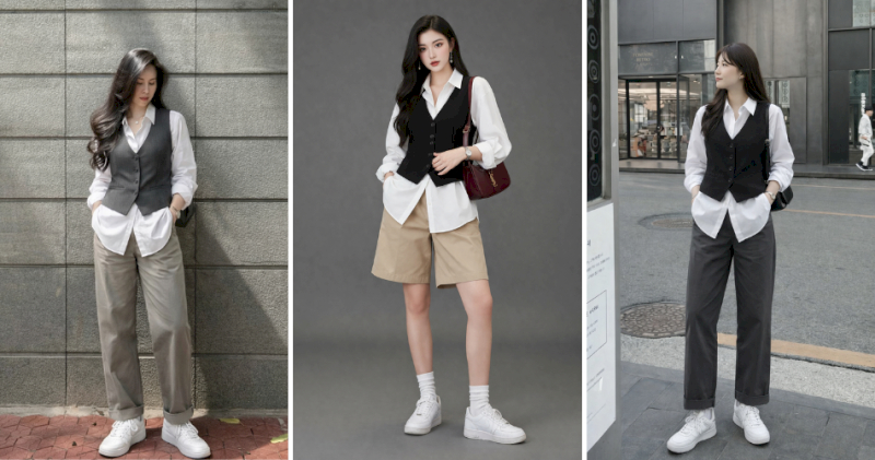 Sơ mi form rộng phối gile vest và quần ống đứng phong cách cá tính